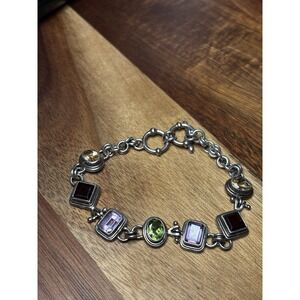 Vintage Amethyst Peridot Garnet Sterling Silver Link Bracelet 6.5"-7"
